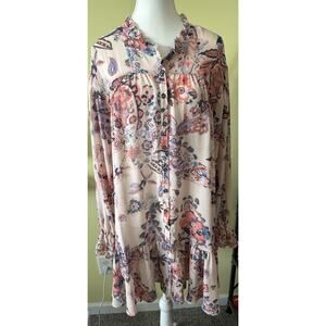 Free People Ibiza Nights Sheer Floral Button Front Ruffle Hem Dress Tunic Size M